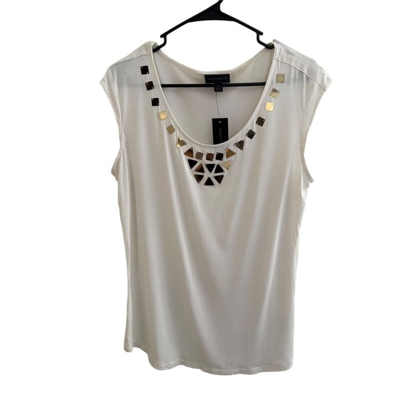 Worthington Tops - Worthington Womens L Ivory Embellished Neck Top Cap Sleeve NWT Defect Stretch as